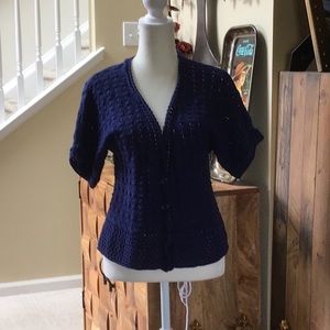 Denim & company crochet short sleeve cardigan royal blue size small